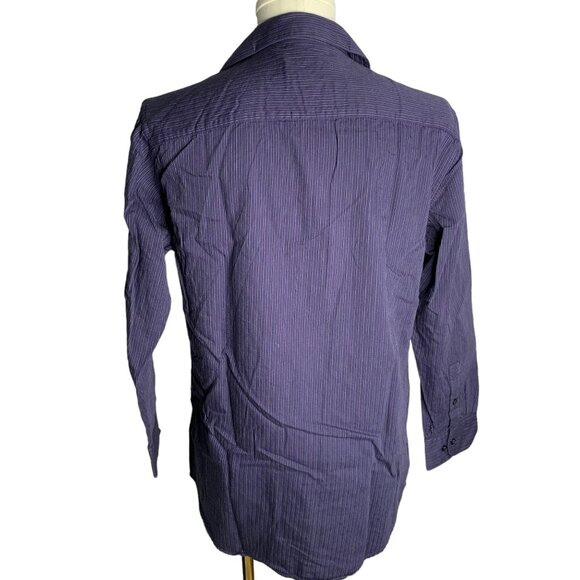 Alfani Button Up Long Sleeve Shirt M Dark Blue Black Striped Pocket Cotton - Picture 4 of 6